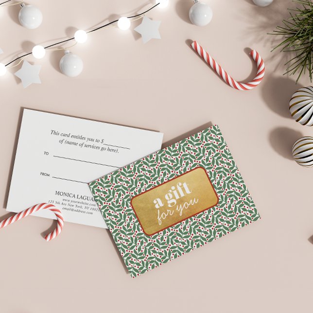 CHRISTMAS GREENERY RED GOLD HOLIDAY SPECIAL (GREEN FOLIAGE RED BERRIES FAUX GOLD PLAQUE ELEGANT LUXURY FESTIVE CHRISTMAS GIFT CARD)