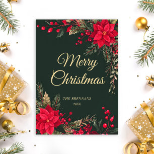 Christmas Greenery Red Green Gold Festive  Holiday Card