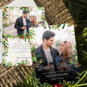 Christmas Greenery Season’s Greetings Two Photos Holiday Card