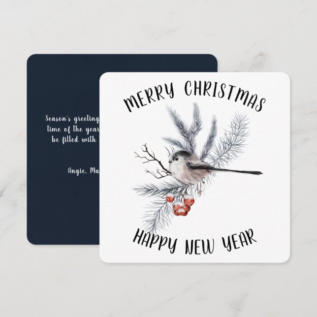 Christmas Greenery, Snow, Bird Minimalist Holiday Card (Front/Back)