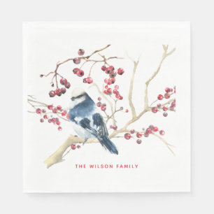 Christmas Greenery w Bird - Personalised Holiday Napkin