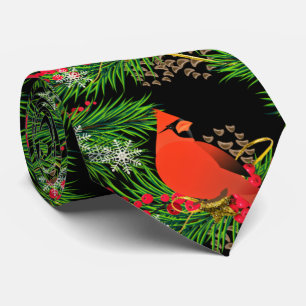 Christmas Greenery with Cardinal Bird Holiday Tie