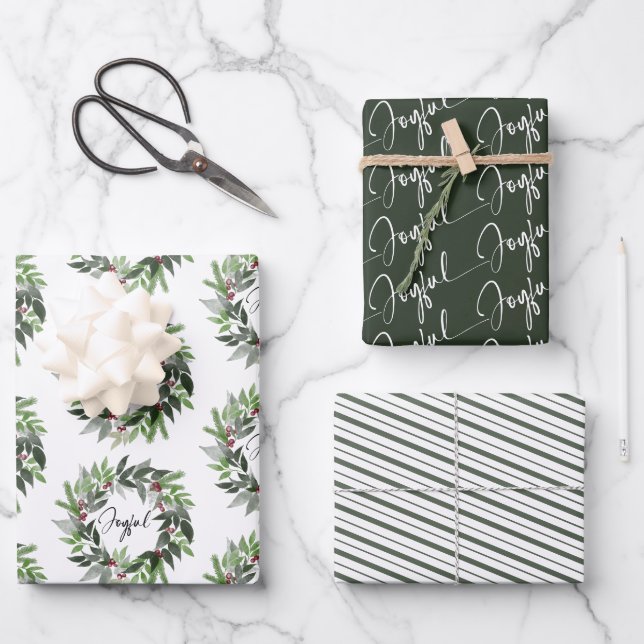 Christmas Greenery Wreath Joyful Script Holiday Wrapping Paper Sheet (Front)
