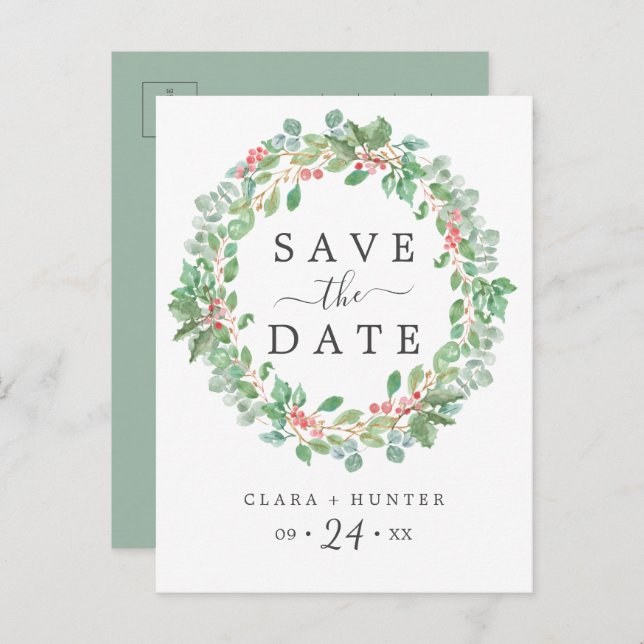 Christmas Greenery Wreath Save the Date Postcard (Front/Back)