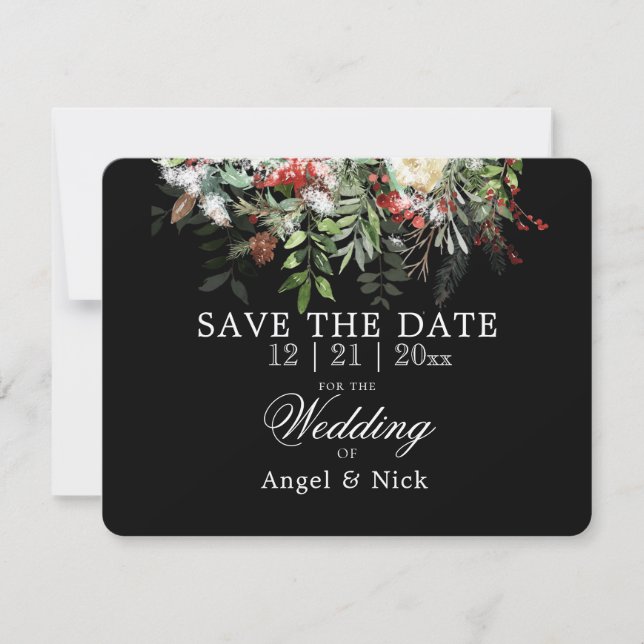 Christmas Greens on Black SAVE THE DATE Wedding  (Front)