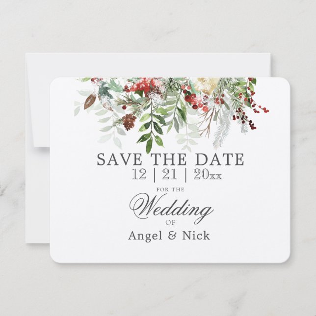 Christmas Greens SAVE THE DATE Wedding Flat Card (Front)