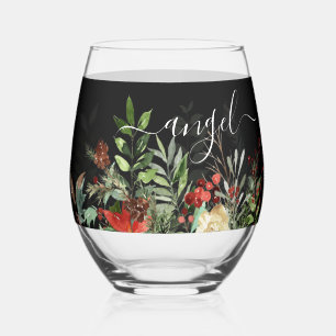 Christmas Greens Wedding Party Stemless Wine Glass