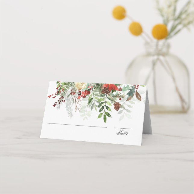 Christmas Greens | White | Christmas  Wedding Place Card (Front)