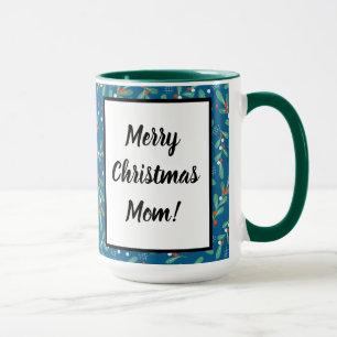 Christmas Greens with Holly Berries Blue Red White Mug