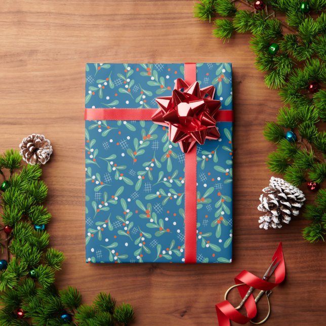 Christmas Greens with Holly Berries Blue Red White Wrapping Paper (Holiday Gift)