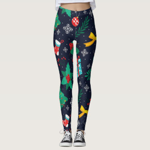 Christmas GreenTrees, Flakes, Stockings Pattern Leggings