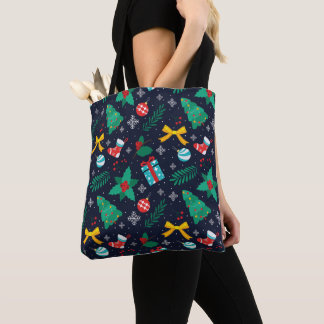 Christmas GreenTrees, Flakes, Stockings Pattern Tote Bag