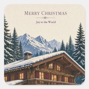 Christmas Greeting Alpine Winter Chalet Snowy Square Sticker