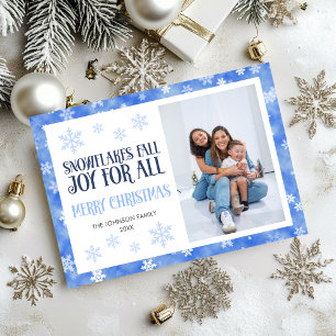 Christmas Greeting Blue Snowflakes Family Photo Holiday Card