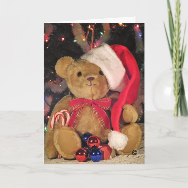 Christmas Greeting Card-Teddy Bear in red hat. Holiday Card (Front)