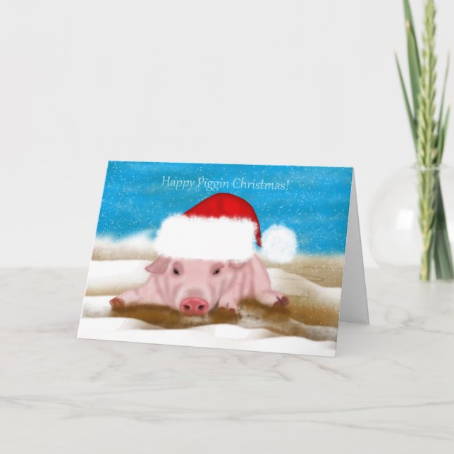 Christmas Greeting Card With Pig In Christmas Hat (Front)