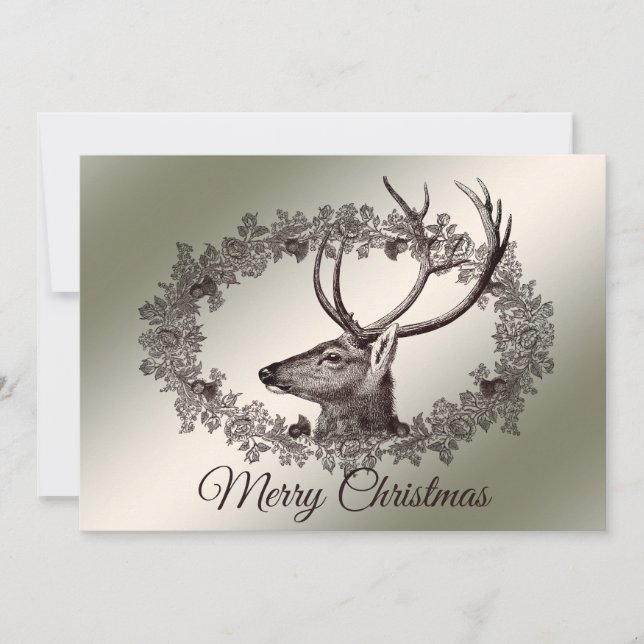 Christmas Greeting Floral Reindeer Golden Winter Holiday Card (Front)