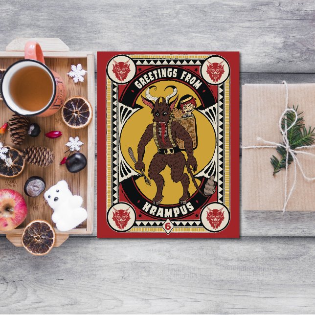 Christmas Greeting from Krampus Sign Carrying Toys Holiday Postcard (What kind of gifts can you expect from Krampus this Christmas?)