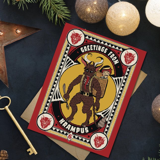 Christmas Greeting from Krampus Sign Carrying Toys Thank You Card (Creator Uploaded)