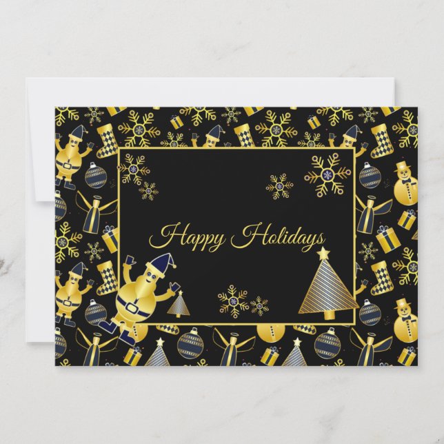  Christmas Greeting Gold Santa Snowman Gifts Holiday Card (Front)