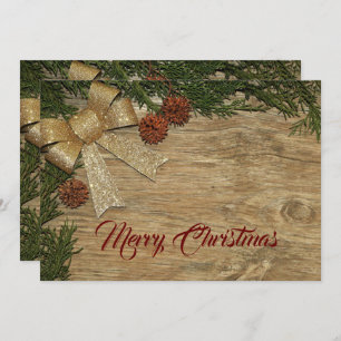 Christmas Greeting Golden Bow Green Leaves Red Holiday Card