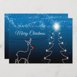 Christmas Greeting Reindeer Tree Blue Sky Shiny Holiday Card
