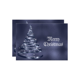 Christmas Greeting Shiny Blue Ribbon Tree Sparkle Holiday Card