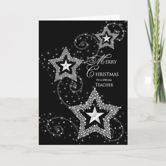 Christmas Greeting- Teacher -Sparkly Stars Holiday Card (Front)