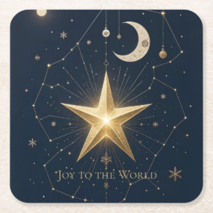 Christmas Greeting Vintage Celestial Night Sky Square Paper Coaster