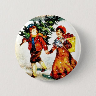 Christmas greeting with a boy carrying christmas t 6 cm round badge