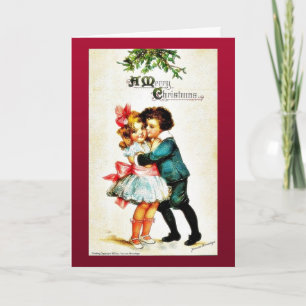 Christmas greeting with a boy hugs a girl holiday card