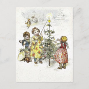 Christmas greeting with a girl lets fire on a cand holiday postcard
