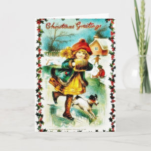 Christmas greeting with a girl walking with a dog holiday card