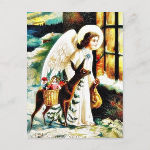 Christmas greeting with an angels comes by deer ca holiday postcard
