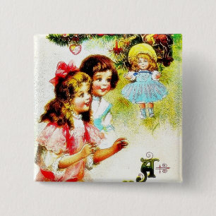 Christmas greeting with girls looking at the chris 15 cm square badge