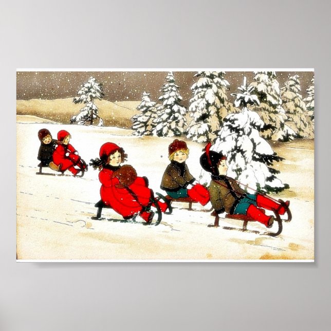 Christmas greeting with kids snow slading poster (Front)