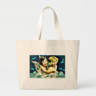 Christmas greeting with two angels huging large tote bag