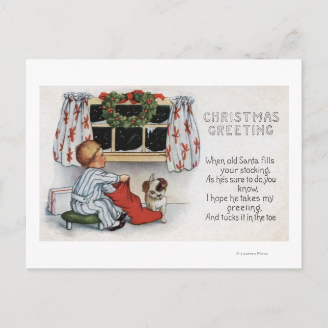Christmas GreetingBoy Digging in Stocking Holiday Postcard (Front)