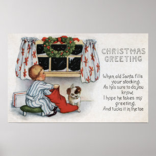 Christmas GreetingBoy Digging in Stocking Poster