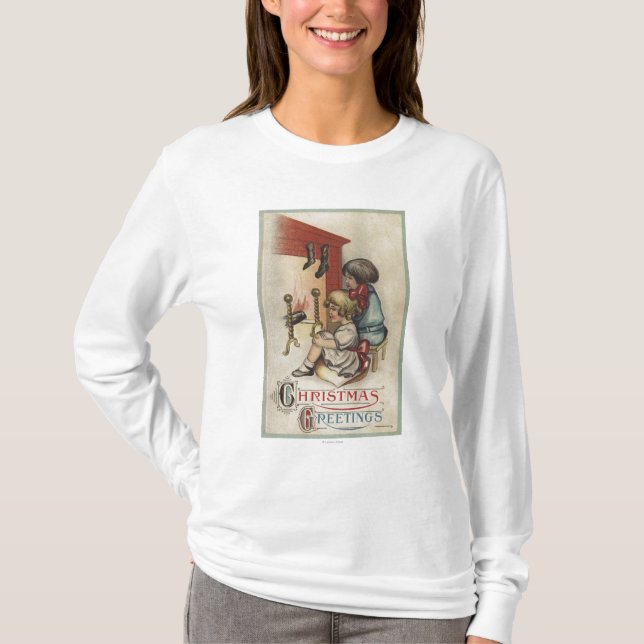 Christmas GreetingLittle Girls by Fireplace T-Shirt (Front)