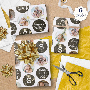 Christmas Greetings 6 Photo Monogram Gold Sparkle Wrapping Paper Sheet