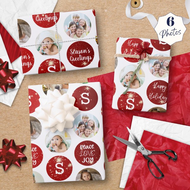 Christmas Greetings 6 Photo Monogram Red Sparkle Wrapping Paper Sheet (Creator Uploaded)