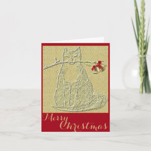 Christmas Greetings Cat with bells. Red and Gold Holiday Card