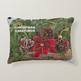 Christmas Greetings Evergreen Boughs Red Bows Decorative Cushion