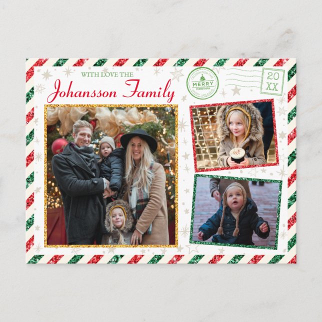 Christmas Greetings Family Photo Glitter Air Mail Postcard (Front)