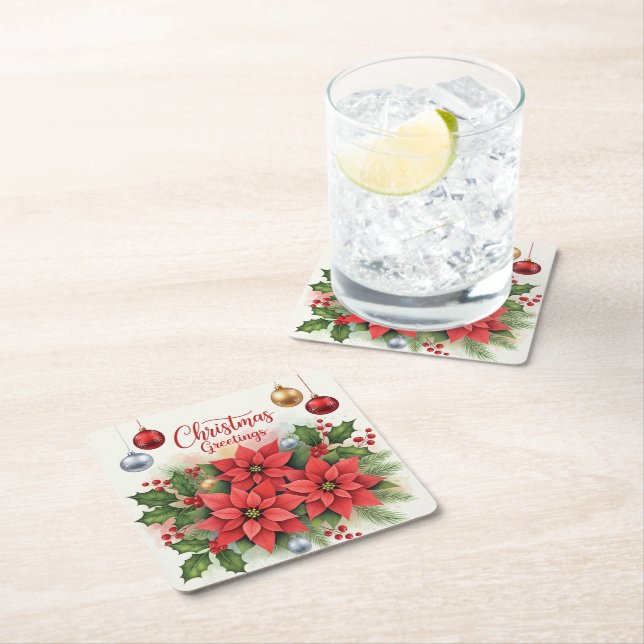Christmas Greetings, Festive, Square Paper Coaster (Insitu)