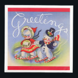 Christmas Greetings from Mr. and Mrs. Snowman  Napkin<br><div class="desc">A VERY cute image,  featuring Mr. and Mrs. Snowman skiiing on candy canes,  and wishing one and all 'Greetings.' Equally cute on all kinds of EVERYTHING,  including party napkins!  Wanna see more old? Here's my blog! www.fullservicebohemian.blogspot.com</div>