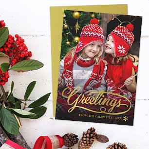 Christmas Greetings Gold Brush Script Family Photo Holiday Card