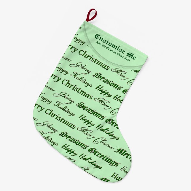 Christmas Greetings (Green) Large Christmas Stocking (Front (Hanging))