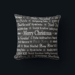 Christmas Greetings Multiple Languages Chalkboard Cushion<br><div class="desc">Christmas greetings in various languages on black background.</div>